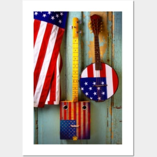 Cigar Box Guitar With American Banjo Posters and Art